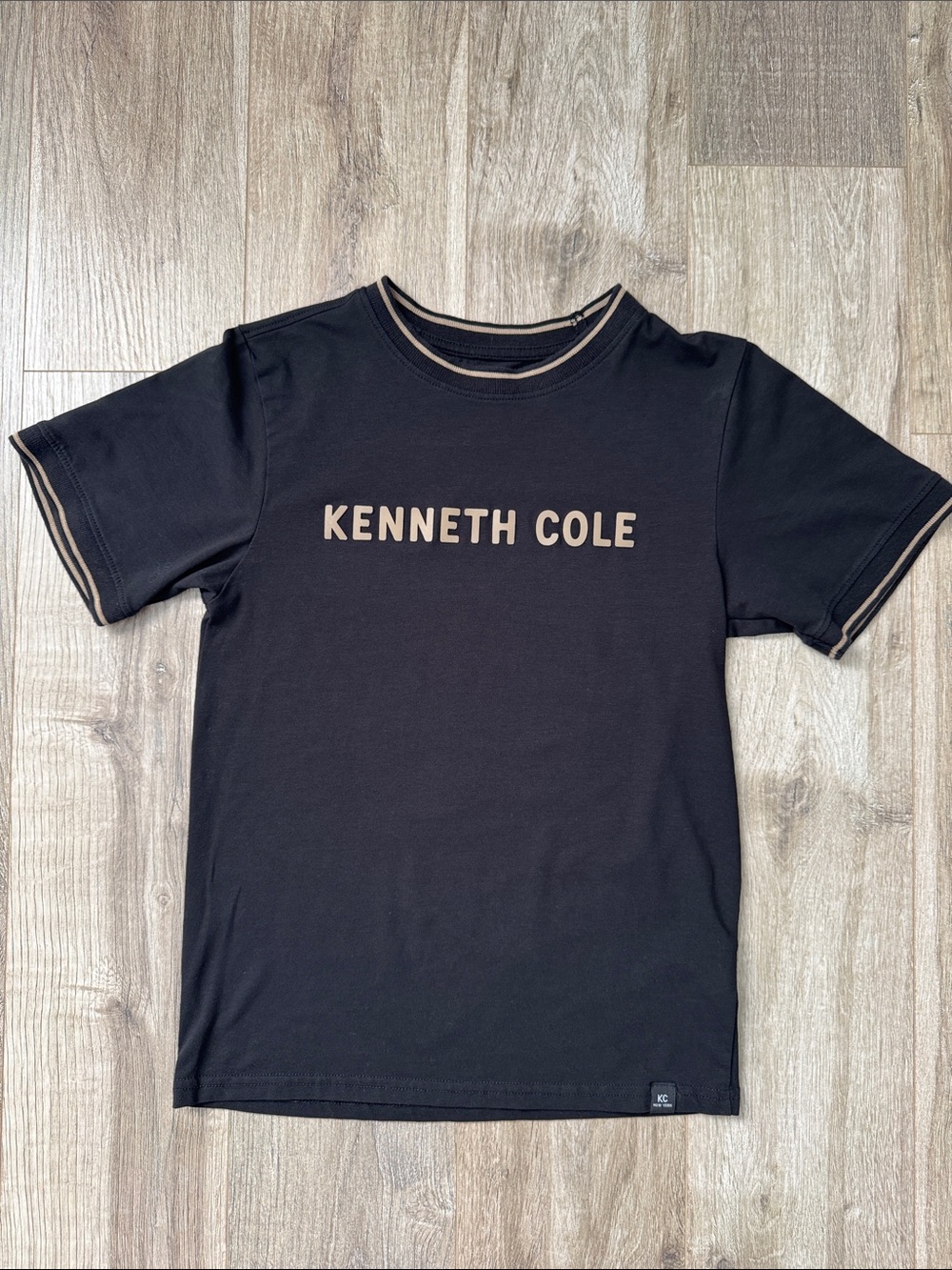 Kenneth Cole Boys Black Tee with Tan Logo & Trim